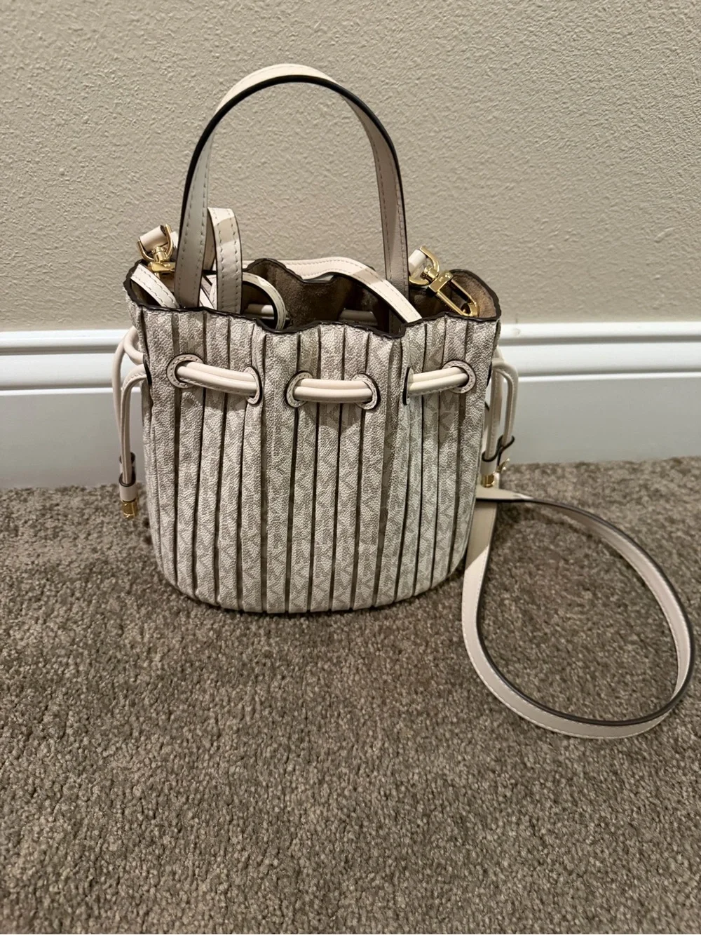 Michael Kors Cream Textured Mini Drawstring Bucket Bag with Top Handle